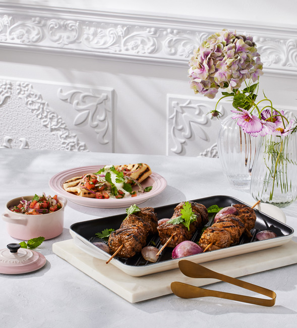 Greek Lamb Skewers with Flatbreads and Tomato Salsa